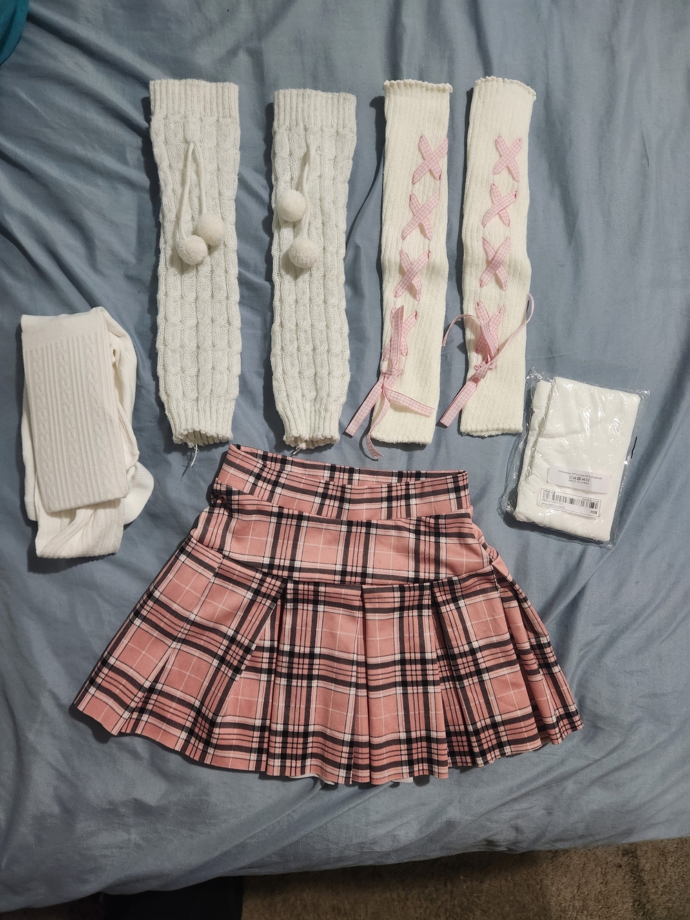 Girls' Set Pink Plaid Pleated Skirt - With Leg Warmers & Tights